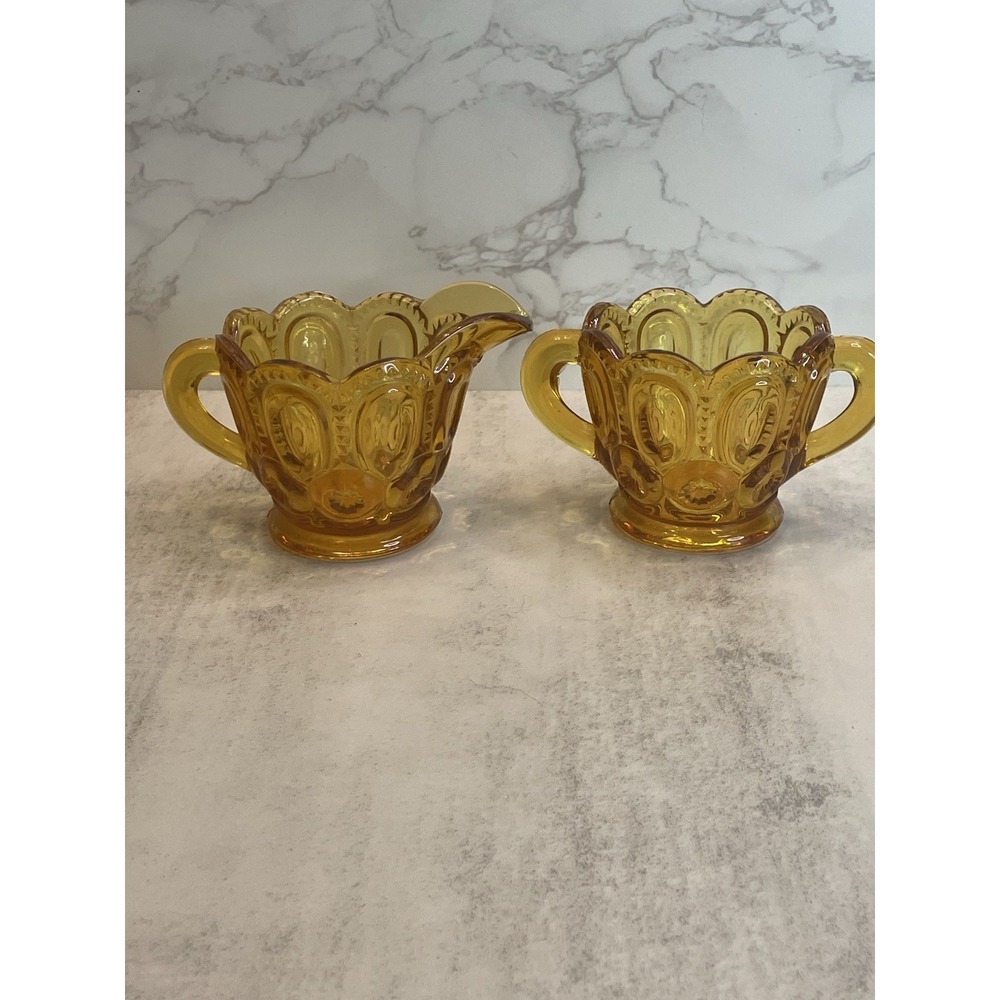 Vtg LE Smith Moon and Stars Amber Glass Cream and Sugar Set Vintage 3"
